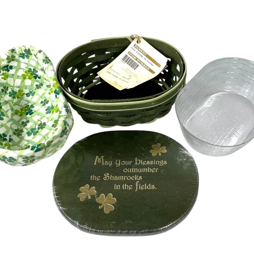Longaberger 2011 FIELDS OF CLOVER Basket with Lid Liner Protector Tags
